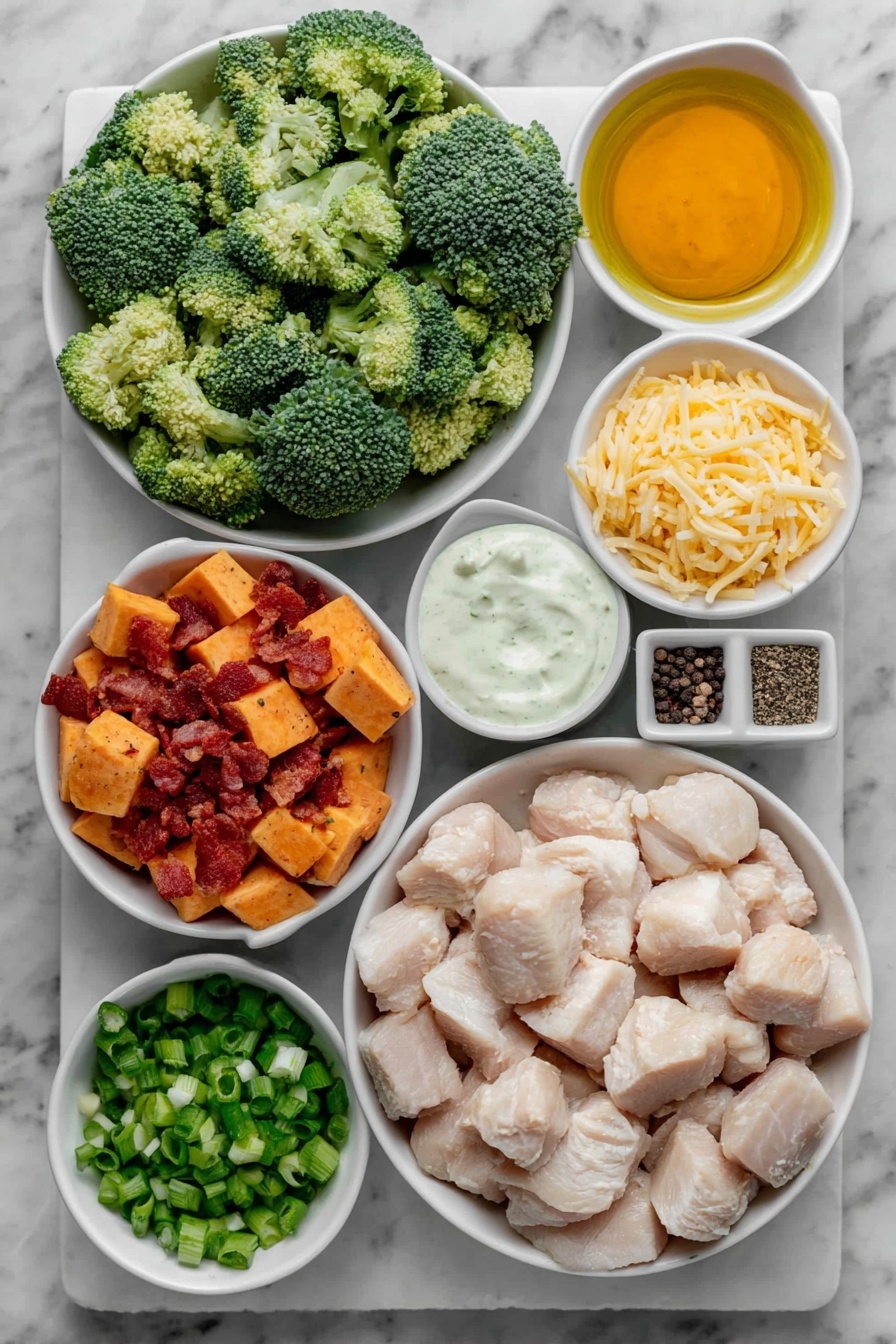 Buffalo Chicken Sweet Potato Casserole, spicy chicken sweet potato bake, healthy buffalo chicken casserole, easy sweet potato dinner, game day chicken casserole - Flat lay of boneless chicken breasts cut into cubes, medium sweet potatoes with skin on cut into small cubes, fresh broccoli florets, small white bowl of bright orange buffalo sauce, small white bowl of golden avocado oil, small white bowl of coarse salt, small white bowl of black peppercorns, small white bowl of garlic powder, small white bowl of shredded cheddar cheese, small white bowl of chopped green onions, small white bowl of cooked turkey bacon pieces, small white bowl with a drizzle of creamy ranch dressing, all ingredients arranged in perfect symmetry on simple white ceramic dishes placed on a clean white marble surface, soft natural light, photo taken with an iPhone, professional food photography style, fresh ingredients, white ceramic bowls, no bottles, no duplicates, no utensils, no packaging --ar 2:3 --v 7 --p m7354615311229779997