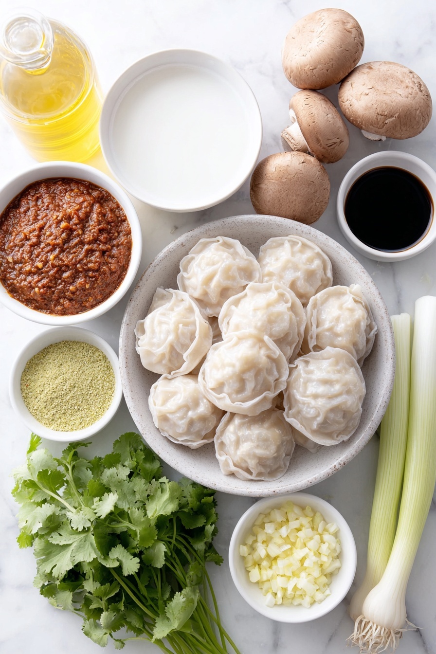 Coconut Curry Soup with Vegan Dumplings, vegan coconut curry soup, plant-based coconut curry, vegan dumpling recipes, creamy vegan curry soup - Flat lay of a small white ceramic bowl of red Thai curry paste, a small white ceramic bowl of full-fat coconut milk, a small white ceramic bowl of vegetable broth, a small white ceramic bowl of soy sauce, a small white ceramic bowl of avocado oil, a small white ceramic bowl of sugar, a small white ceramic bowl of salt, a small white ceramic bowl of minced garlic, a small bunch of fresh cilantro with bright green leaves, a small bunch of scallions with white bulbs and green tops, several whole cremini mushrooms with smooth brown caps, a small heap of diced white onion, a neat pile of frozen vegan dumplings with translucent skins, a small white ceramic bowl of chili oil, and a small white ceramic bowl of crunchy garlic pieces, all arranged with perfect symmetry and realistic proportions, placed on a clean white marble surface, soft natural light, photo taken with an iPhone, professional food photography style, fresh ingredients, white ceramic bowls, no bottles, no duplicates, no utensils, no packaging --ar 2:3 --v 7 --p m7354615311229779997