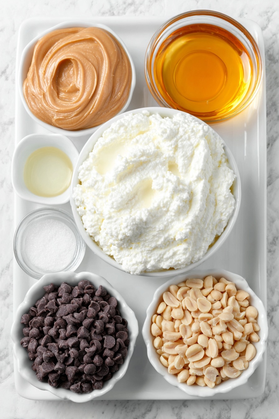 Creamy Cottage Cheese Peanut Butter Mousse, healthy peanut butter dessert, easy protein mousse, quick healthy dessert, whipped cottage cheese treat - Flat lay of a small white ceramic bowl filled with fresh, creamy full-fat cottage cheese, a dollop of natural peanut butter resting beside it, a small white bowl containing golden maple syrup, a tiny white bowl with clear vanilla extract, a pinch of fine salt sprinkled beside, a small white bowl holding light cream, a heap of glossy dark chocolate chips in a small white bowl, a small white bowl with a bit of pure coconut oil, and a small pile of chopped peanuts arranged neatly on a white ceramic plate, all ingredients fresh and natural, perfectly balanced and symmetrically placed, placed on a clean white marble surface, soft natural light, photo taken with an iPhone, professional food photography style, fresh ingredients, white ceramic bowls, no bottles, no duplicates, no utensils, no packaging --ar 2:3 --v 7 --p m7354615311229779997