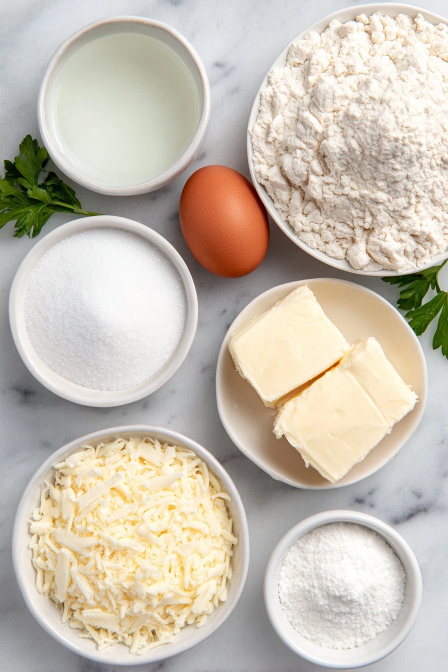 Garlic Parmesan Dinner Rolls, garlic parmesan bread, easy dinner rolls, cheesy garlic rolls, quick homemade bread - Flat lay of a small white ceramic bowl of warm water, a small white ceramic bowl of granulated sugar, a small white ceramic bowl of instant yeast, a small white ceramic bowl of canola oil, a small white ceramic bowl of salt, one large whole uncracked brown egg, a small white ceramic bowl of all-purpose flour, a small white ceramic bowl of melted butter, a small white ceramic bowl of granulated garlic, a small white ceramic bowl of shredded parmesan cheese, and a few fresh sprigs of parsley arranged symmetrically and balanced, placed on a clean white marble surface, soft natural light, photo taken with an iPhone, professional food photography style, fresh ingredients, white ceramic bowls, no bottles, no duplicates, no utensils, no packaging --ar 2:3 --v 7 --p m7354615311229779997