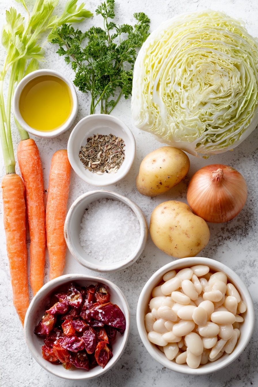 Healthy Cabbage Soup, healthy cabbage soup recipe, nourishing cabbage soup, low-calorie vegetable soup, hearty cabbage soup - Flat lay of a small white ceramic bowl of extra-virgin olive oil, two fresh whole carrots with bright orange skin, one medium yellow onion with smooth golden-brown outer layers, a single crisp celery rib with leafy top, a small white ceramic bowl of coarse sea salt, a small white ceramic bowl of freshly ground black pepper, a small white ceramic bowl of white wine vinegar, a handful of fire-roasted diced tomatoes showing charred edges and vibrant red color, a simple pile of white beans with a smooth creamy texture, four peeled garlic cloves with creamy white skin, two Yukon Gold potatoes with light golden yellow skin and clean diced pieces, a small fresh green cabbage cut into large leafy wedges, a small white ceramic bowl with dried thyme leaves, and a few sprigs of fresh green parsley arranged neatly, placed on a clean white marble surface, soft natural light, photo taken with an iPhone, professional food photography style, fresh ingredients, white ceramic bowls, no bottles, no duplicates, no utensils, no packaging --ar 2:3 --v 7 --p m7354615311229779997