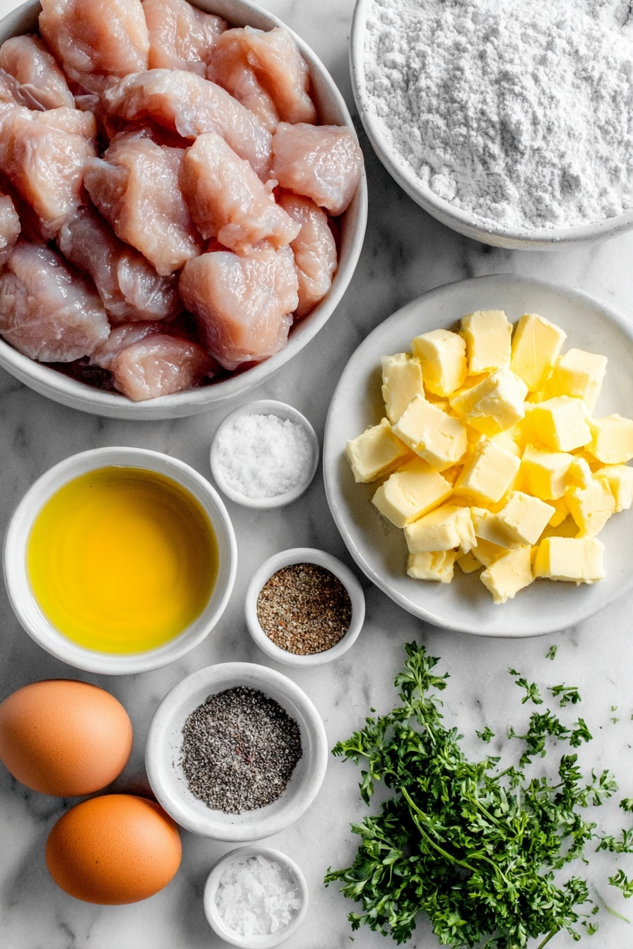 Garlic Butter Chicken Bites, crispy chicken bites, quick chicken recipes, easy garlic chicken, flavorful chicken dinner - Flat lay of boneless skinless chicken breasts cut into bite-sized pieces, a small white ceramic bowl of all-purpose flour, a small white bowl with mixed Italian seasoning, whole uncracked brown eggs, a small white bowl of coarse salt, a small white bowl of freshly ground black pepper, a small white bowl of golden olive oil, a few cubes of unsalted butter stacked neatly, minced fresh garlic cloves arranged next to a small white bowl, a small bunch of finely chopped fresh parsley on a simple white plate, placed on a clean white marble surface, soft natural light, photo taken with an iPhone, professional food photography style, fresh ingredients, white ceramic bowls, no bottles, no duplicates, no utensils, no packaging --ar 2:3 --v 7 --p m7354615311229779997