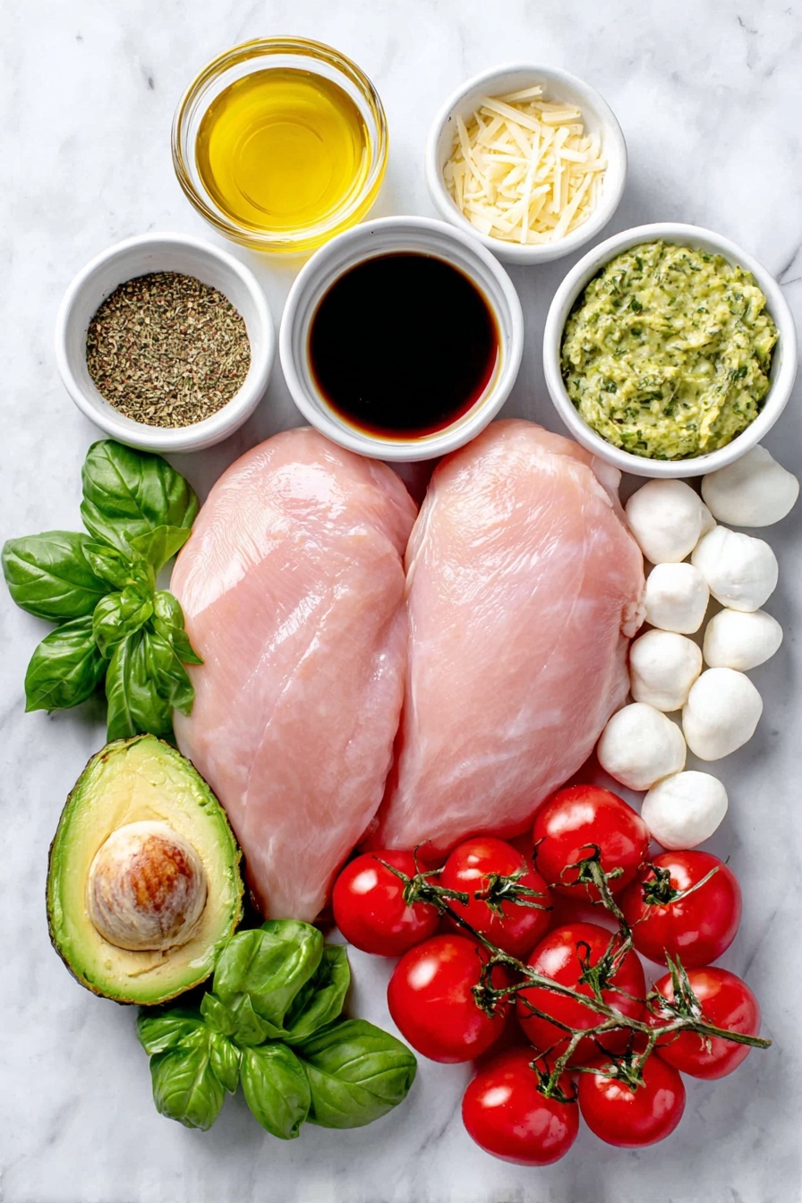 Balsamic Chicken with Tomato Mozzarella, easy chicken dinner recipes, flavorful chicken skillet, healthy chicken recipes, quick weeknight meals - Flat lay of two whole boneless, skinless chicken breasts, a small white ceramic bowl with deep brown balsamic vinegar, a small white bowl of golden honey, a small white bowl of light green avocado oil, two peeled garlic cloves, a small white bowl of mixed Italian seasoning herbs, a small white bowl of smooth Dijon mustard, a cluster of halved vibrant red grape tomatoes, fresh white mozzarella ciliegine balls, and a few bright green basil sprigs, all arranged with perfect symmetry on a clean white marble surface, soft natural light, photo taken with an iPhone, professional food photography style, fresh ingredients, white ceramic bowls, no bottles, no duplicates, no utensils, no packaging --ar 2:3 --v 7 --p m7354615311229779997