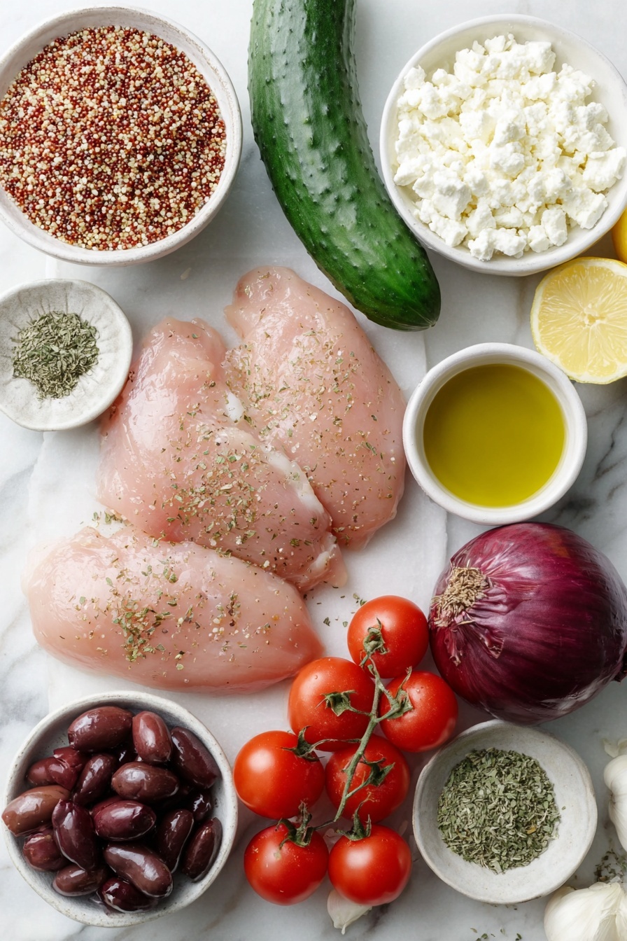 Greek Chicken Quinoa Bowl, Mediterranean chicken quinoa salad, healthy Greek bowl, easy Greek chicken recipe, flavorful quinoa and chicken meal - Flat lay of a small heap of uncooked quinoa grains, four raw boneless skinless chicken breasts with a natural pink tone, one whole English cucumber with deep green skin, four ripe Roma tomatoes with bright red skin, one medium red onion with smooth purple outer layers, a small white ceramic bowl of crumbled white feta cheese, a small white ceramic bowl of dark purple kalamata olives, two whole lemons—one cut in half showing juicy pulp, a small white ceramic bowl of golden olive oil, a small white ceramic bowl of light amber honey, one whole garlic bulb with papery white skin beside a few minced garlic cloves, a small white ceramic bowl with dried green oregano leaves, a small white ceramic bowl with dried light green basil leaves, a small white ceramic bowl of coarse kosher salt, a small white ceramic bowl of whole black peppercorns placed on a clean white marble surface, soft natural light, photo taken with an iPhone, professional food photography style, fresh ingredients, white ceramic bowls, no bottles, no duplicates, no utensils, no packaging --ar 2:3 --v 7 --p m7354615311229779997