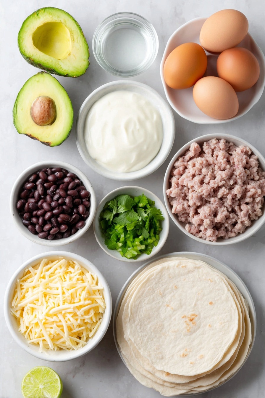 Crispy Ground Turkey Tacos with Avocado Sauce, ground turkey taco recipe, healthy ground turkey tacos, easy taco dinner ideas, avocado sauce for tacos - Flat lay of a halved ripe avocado with bright green flesh, a small mound of creamy white sour cream in a simple white ceramic bowl, a small white bowl filled with fresh vibrant cilantro leaves, a fresh lime cut in half showing juicy segments, a small white bowl containing fine kosher salt, a small white bowl with clear water, a few whole uncracked brown eggs with smooth shells, a portion of raw lean ground turkey in a neat pile, a small white bowl of finely chopped yellow onion, a small white bowl with shiny black beans, a small white bowl of diced green chiles, a small pile of finely chopped fresh cilantro, six soft white flour tortillas stacked evenly, and a neat mound of shredded Monterey Jack cheese all arranged symmetrically and balanced on a clean white marble surface, soft natural light, photo taken with an iPhone, professional food photography style, fresh ingredients, white ceramic bowls, no bottles, no duplicates, no utensils, no packaging --ar 2:3 --v 7 --p m7354615311229779997