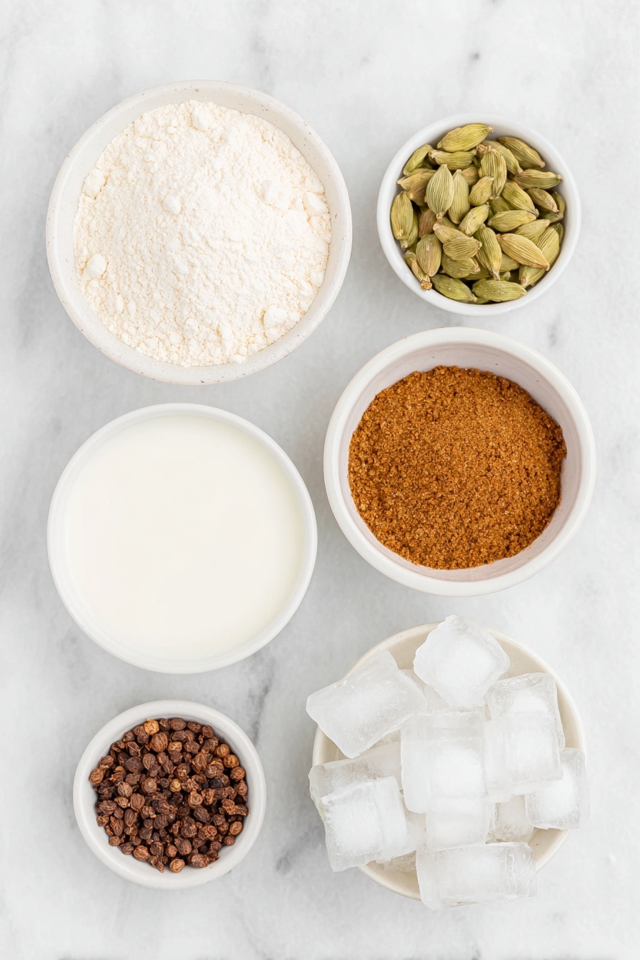 Vanilla Chai Protein Shake, Vanilla Chai Protein Smoothie, Healthy Chai Protein Drink, Protein Shake with Spices, Cozy Morning Protein Shake - Flat lay of a small mound of smooth vanilla protein powder, a simple white ceramic bowl filled with amber chai tea, a small white bowl with warm brown ground nutmeg, another small white bowl containing light green whole cardamom pods, a white ceramic bowl with creamy unsweetened almond milk, and a cluster of clear ice cubes neatly arranged—each ingredient fresh and natural, perfectly spaced and balanced, placed on a clean white marble surface, soft natural light, photo taken with an iPhone, professional food photography style, fresh ingredients, white ceramic bowls, no bottles, no duplicates, no utensils, no packaging --ar 2:3 --v 7 --p m7354615311229779997