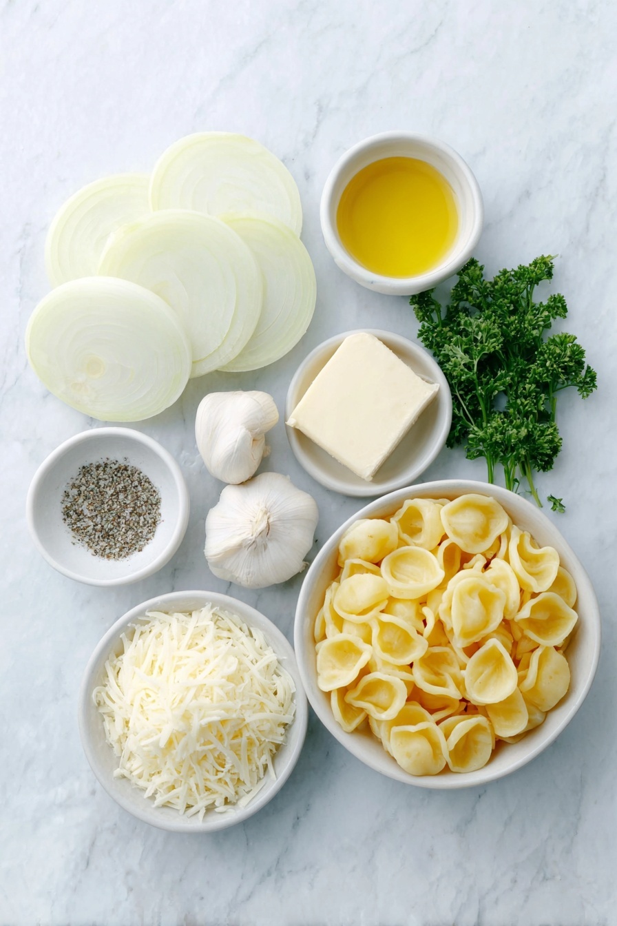 French Onion Pasta with Melted Gruyere, French Onion Pasta, cheesy pasta recipes, caramelized onion pasta, easy gourmet pasta - Flat lay of three large yellow onions sliced into thin rings arranged neatly, four whole uncracked garlic cloves, a small pile of fresh parsley sprigs, two small white ceramic bowls—one filled with golden olive oil and the other with melted unsalted butter, a small white bowl containing pale evaporated milk, a simple heap of uncooked orecchiette pasta, a pristine small mound of freshly shredded Gruyere cheese, a smaller portion of freshly shredded Parmesan cheese, and a tiny white bowl with coarse sea salt and ground black pepper mixed evenly, all symmetrically placed on a clean white marble surface, soft natural light, photo taken with an iPhone, professional food photography style, fresh ingredients, white ceramic bowls, no bottles, no duplicates, no utensils, no packaging --ar 2:3 --v 7 --p m7354615311229779997