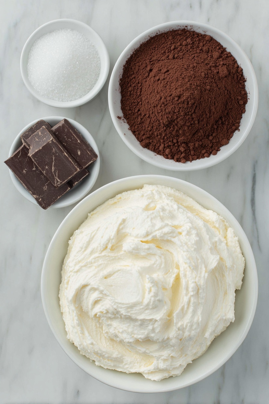 Chocolate Protein Fluff, healthy chocolate dessert, high-protein fluffy treat, simple protein dessert, quick chocolate snack - Flat lay of a large white ceramic bowl filled with smooth creamy vanilla Greek yogurt, a small white bowl of rich dark chocolate protein powder, a small white bowl of fine unsweetened cocoa powder, a small white bowl containing granulated sugar, all ingredients fresh and natural, placed on a clean white marble surface, soft natural light, photo taken with an iPhone, professional food photography style, fresh ingredients, white ceramic bowls, no bottles, no duplicates, no utensils, no packaging --ar 2:3 --v 7 --p m7354615311229779997