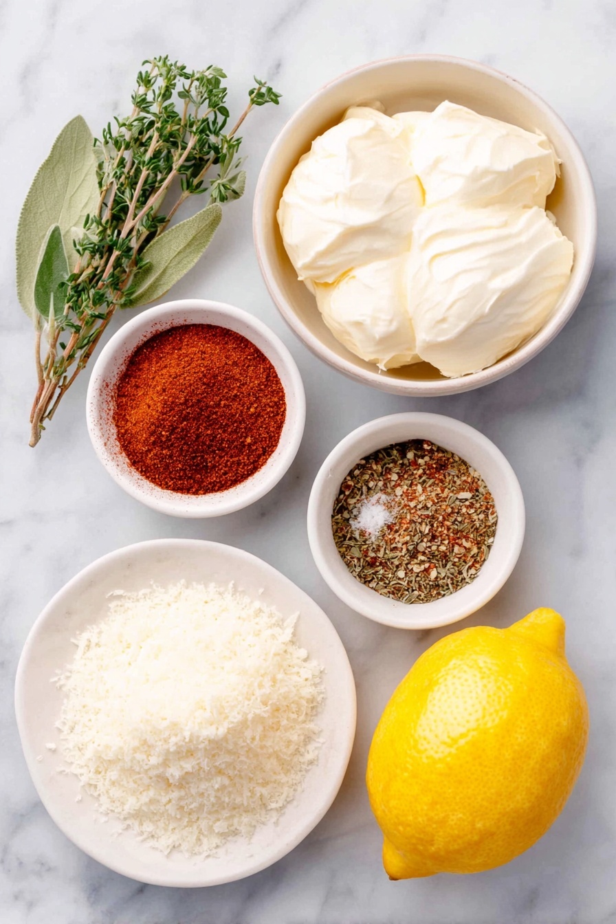 Cajun Alfredo Sauce, Cajun Alfredo Pasta, spicy Alfredo sauce, creamy Cajun pasta, easy Alfredo with Cajun spices - Flat lay of a small white ceramic bowl of unsalted butter softened and slightly melted, a larger white ceramic bowl filled with fresh heavy cream, a neat pile of bright red smoked paprika powder beside a small heap of dried oregano leaves, a small white bowl holding a blended mix of paprika, garlic powder, onion powder, cayenne pepper, dried thyme, dried basil, ground white pepper, ground mustard, and kosher salt forming the Cajun seasoning, a small white ceramic bowl with kosher salt crystals, a mound of freshly grated parmesan cheese on a white plate, a whole bright yellow lemon with a strip of lemon zest curled delicately beside it, placed on a clean white marble surface, soft natural light, photo taken with an iPhone, professional food photography style, fresh ingredients, white ceramic bowls, no bottles, no duplicates, no utensils, no packaging --ar 2:3 --v 7 --p m7354615311229779997