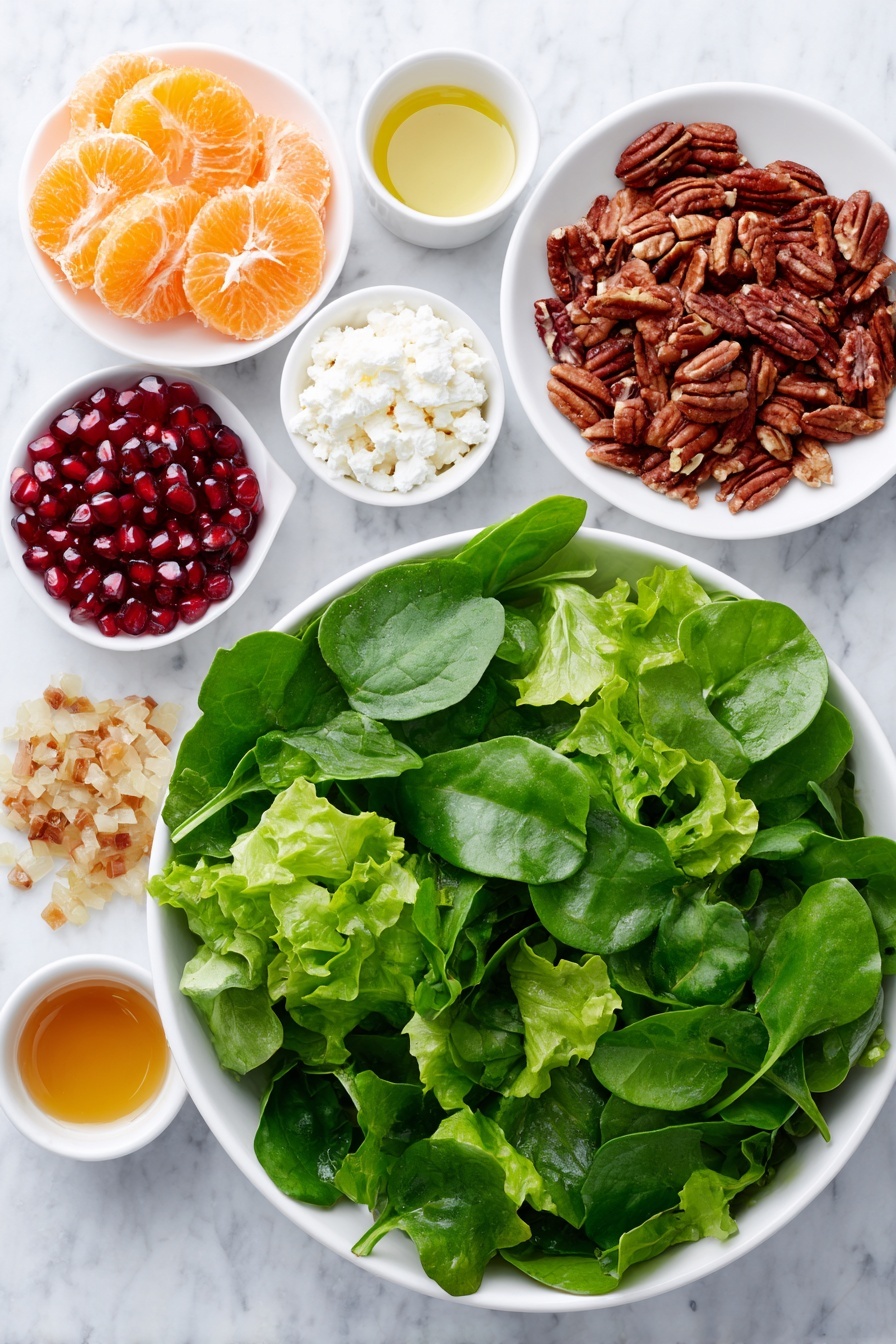 Fresh Winter Salad with Orange and Pomegranate, winter citrus salad, healthy winter salads, seasonal fruit salad, festive winter greens - Flat lay of fresh mixed spring greens with vibrant green leaves, a small white bowl of bright orange mandarin segments, a small white bowl filled with ruby red pomegranate seeds, crumbled white feta cheese on a simple white ceramic plate, roughly chopped glossy candied pecans scattered neatly nearby, and four small white bowls containing golden olive oil, amber honey, smooth pale Dijon mustard, and light amber apple cider vinegar, along with a small pile of minced shallot on a white ceramic dish, all arranged symmetrically and balanced, placed on a clean white marble surface, soft natural light, photo taken with an iPhone, professional food photography style, fresh ingredients, white ceramic bowls, no bottles, no duplicates, no utensils, no packaging --ar 2:3 --v 7 --p m7354615311229779997
