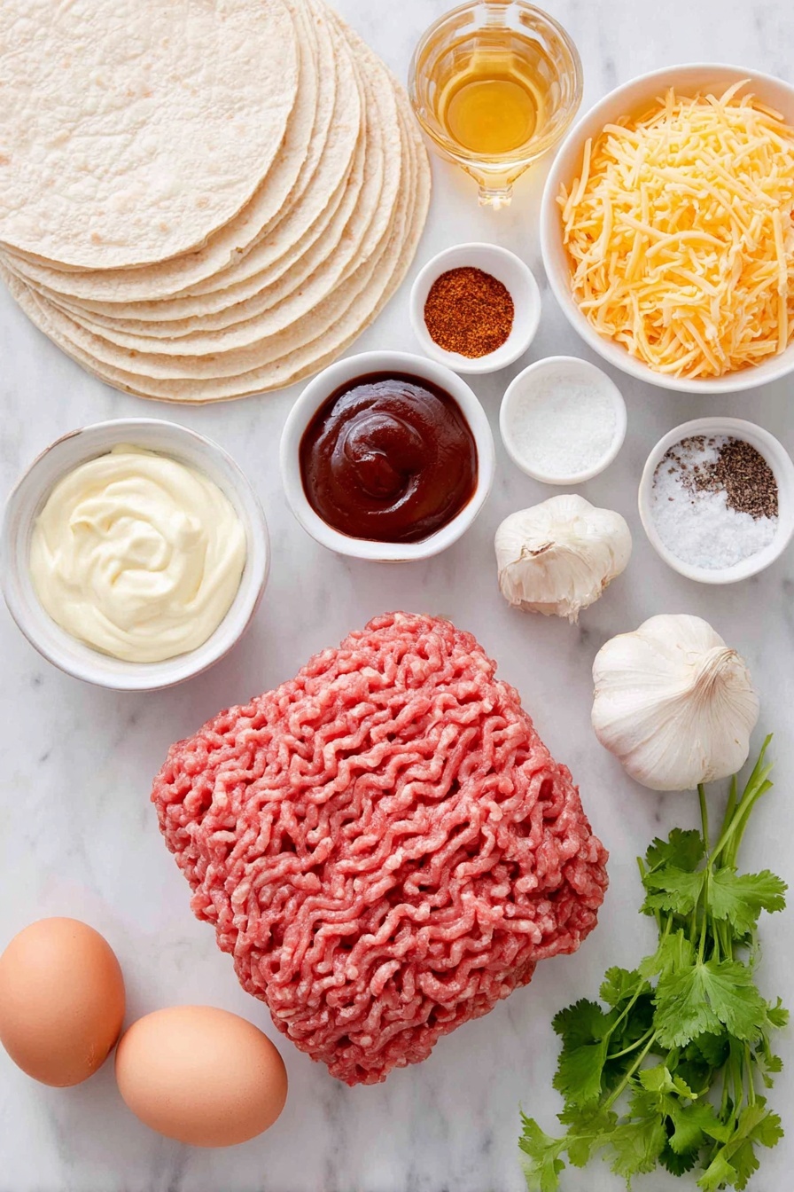 Honey BBQ Garlic Beef Tacos, flavorful beef tacos with honey and BBQ, easy taco recipes for weeknights, savory garlic beef tacos, smoky beef taco ideas - Flat lay of a small mound of fresh ground beef, two uncracked brown eggs, two cloves of whole garlic, a small white bowl of golden honey, a small white bowl of dark reddish BBQ sauce, a small white bowl of creamy mayonnaise, a small white bowl of smoked paprika powder, a pinch of coarse salt crystals, a few cracked black peppercorns, six soft corn tortillas stacked neatly, a small pile of shredded bright orange cheddar cheese, and a small bunch of fresh green cilantro sprigs, all arranged symmetrically and naturally placed on a clean white marble surface, soft natural light, photo taken with an iPhone, professional food photography style, fresh ingredients, white ceramic bowls, no bottles, no duplicates, no utensils, no packaging --ar 2:3 --v 7 --p m7354615311229779997