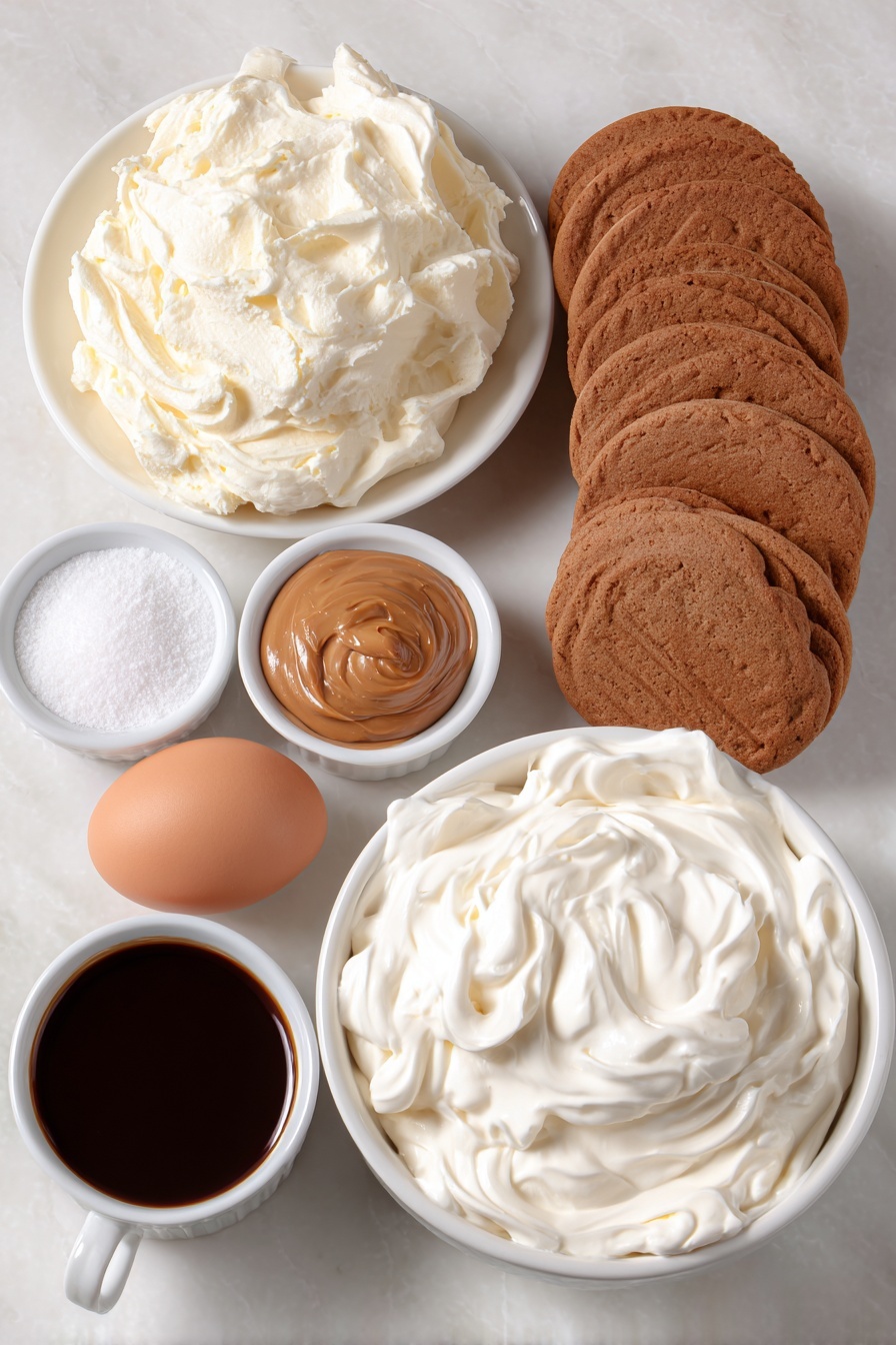 Biscoff Tiramisu, Biscoff Tiramisu recipe, Biscoff cookie dessert, Biscoff mascarpone dessert, no-bake Biscoff tiramisu - Flat lay of a small mound of smooth, creamy mascarpone cheese on a simple white ceramic plate, a dollop of rich golden Biscoff cookie butter in a small white ceramic bowl, a few tablespoons of white granulated sugar heaped in another small white bowl, a whole uncracked brown egg with a clean shell beside a pinch of fine white salt in a tiny white bowl, several whole crisp Biscoff cookies arranged neatly in a row, a small white bowl filled with strong dark espresso coffee, and a white ceramic bowl overflowing with thick, freshly whipped heavy cream with soft peaks, all placed on a clean white marble surface, soft natural light, photo taken with an iPhone, professional food photography style, fresh ingredients, white ceramic bowls, no bottles, no duplicates, no utensils, no packaging --ar 2:3 --v 7 --p m7354615311229779997