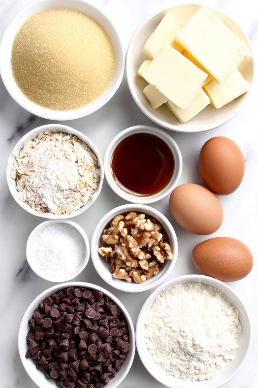 Salted Caramel Chocolate Chip Oat Bars, salt caramel oat bars, chocolate chip oat bars, homemade oat bar recipes, chewy caramel oat bars - Flat lay of a small mound of golden granulated sugar, a small white bowl of clear water, several thick slices of pale unsalted butter, a small white bowl of creamy heavy cream, a small white bowl of amber vanilla extract, a small white bowl holding coarse kosher salt, a small pile of pale all purpose flour, a small white bowl of quick oats, a small heap of golden dark brown sugar, two whole clean brown eggs, a small white bowl of semisweet chocolate chips, a small white bowl of dark chocolate chips, a small pile of finely chopped walnuts, and a small white bowl of flaky sea salt, all arranged in perfect symmetry, placed on a clean white marble surface, soft natural light, photo taken with an iPhone, professional food photography style, fresh ingredients, white ceramic bowls, no bottles, no duplicates, no utensils, no packaging --ar 2:3 --v 7 --p m7354615311229779997