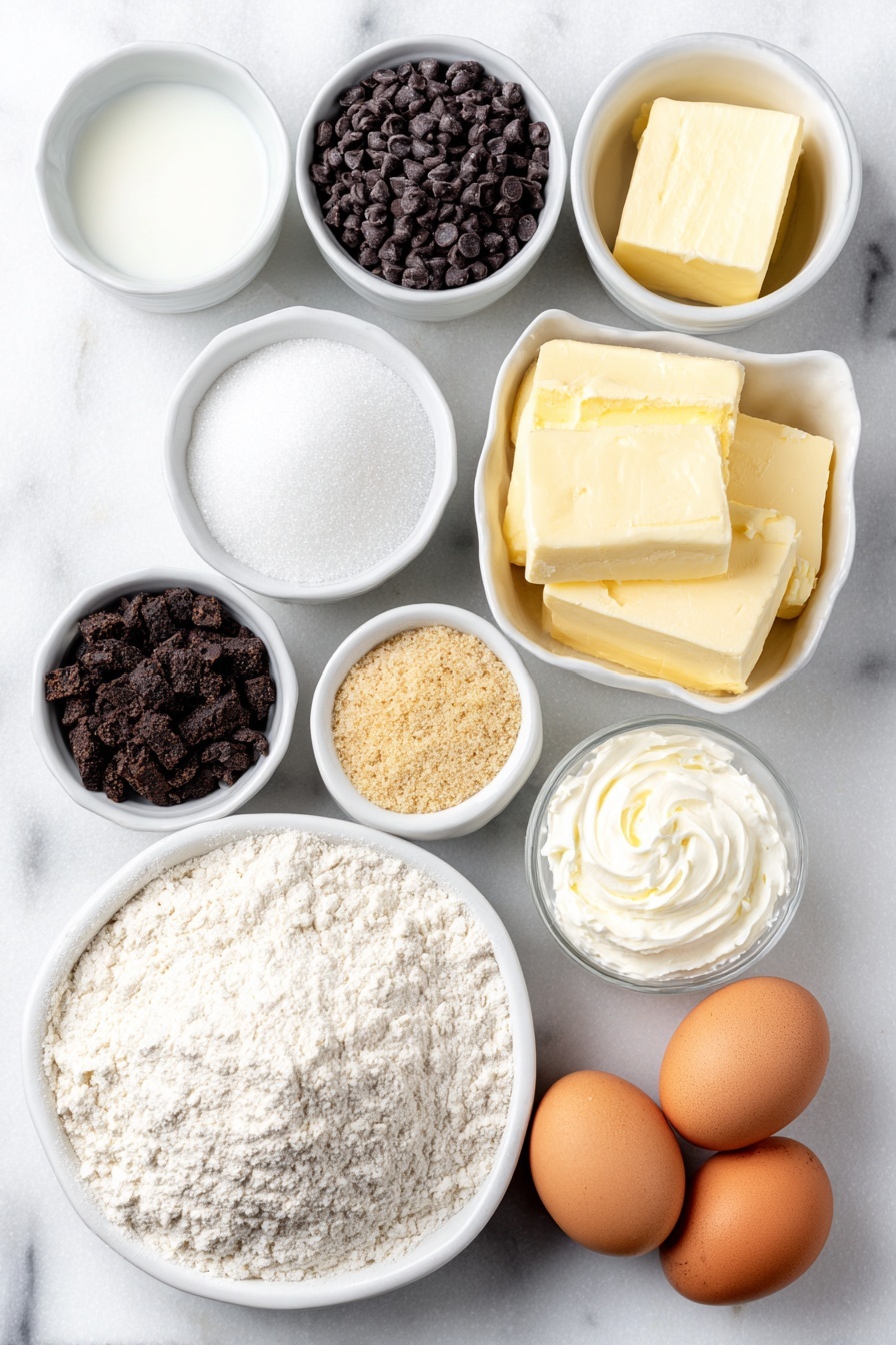 S’mores Rolls with Toasted Meringue, s’mores dessert, baked s'mores, chocolate and graham cracker rolls, toasted meringue treats - Flat lay of a small white ceramic bowl of lukewarm milk, a small white ceramic bowl of lukewarm water, a small white ceramic bowl of granulated sugar, a small white ceramic bowl of unsweetened cocoa powder, a small white ceramic bowl of semi-sweet chocolate chips, a small white ceramic bowl of heavy whipping cream, a small white ceramic bowl of vanilla extract, a small white ceramic bowl of graham cracker crumbs, a small white ceramic bowl of fine salt, a small white ceramic bowl of cream of tartar, a few tablespoons of unsalted butter on a simple white ceramic dish, three brown whole uncracked eggs, and a pile of all-purpose flour loosely arranged on a simple white ceramic plate, all ingredients fresh and natural, placed on a clean white marble surface, soft natural light, photo taken with an iPhone, professional food photography style, fresh ingredients, white ceramic bowls, no bottles, no duplicates, no utensils, no packaging --ar 2:3 --v 7 --p m7354615311229779997