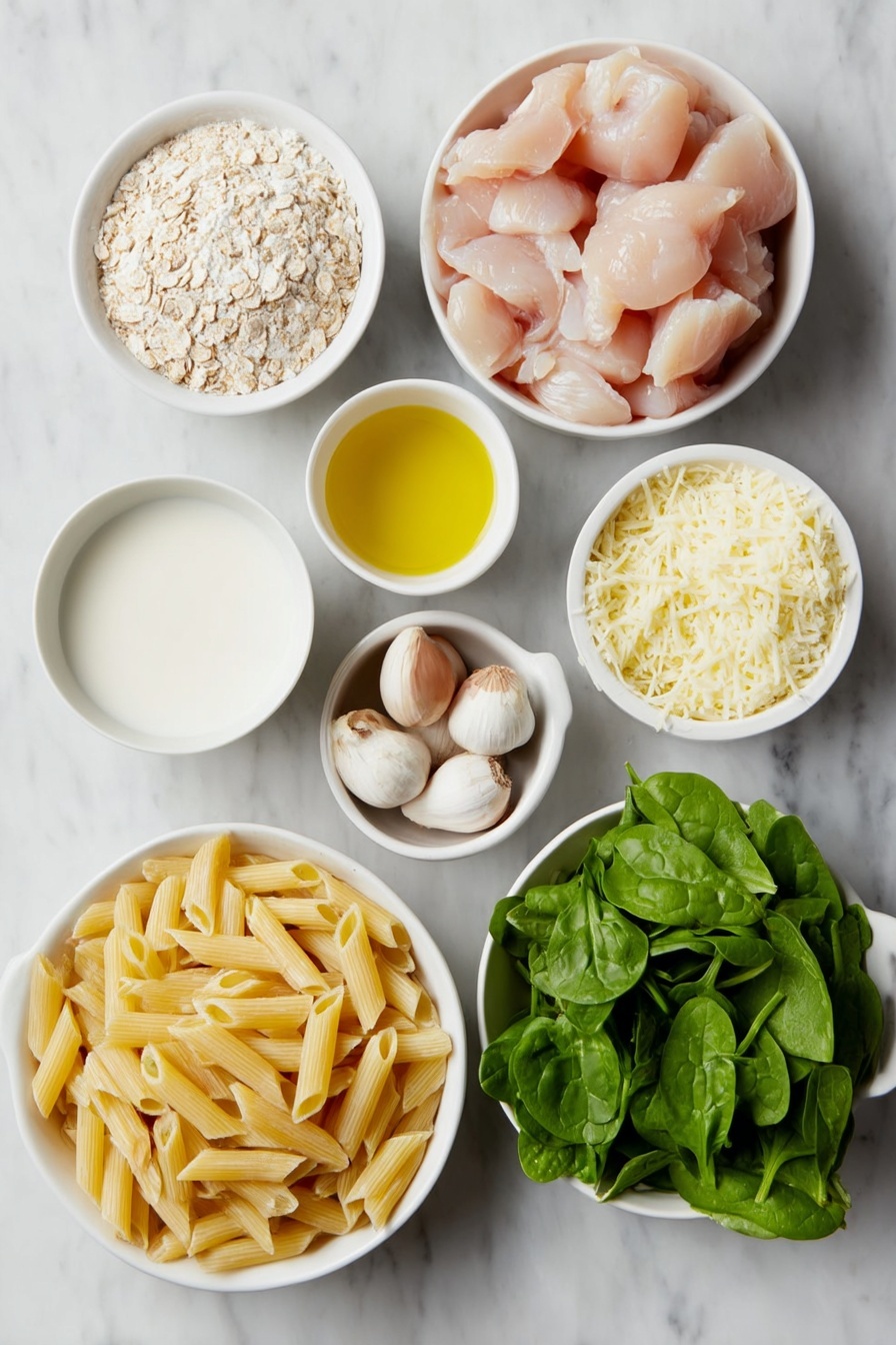 Healthy Garlic Parmesan Chicken Pasta, healthy pasta dinner, garlic chicken pasta, nutritious chicken pasta recipe, quick healthy pasta dish - Flat lay of whole wheat penne pasta arranged neatly, a few garlic cloves whole and unpeeled, cubed raw boneless skinless chicken breasts in a simple pile, fresh baby spinach leaves spread out, a small white ceramic bowl of grated Parmesan cheese, a small white bowl filled with olive oil, a small white bowl of whole wheat flour, another small white bowl holding low-sodium chicken broth, a small white bowl with low-fat milk, a small white bowl containing plain non-fat Greek yogurt, a few sprigs of fresh parsley, and whole brown eggs placed symmetrically, all placed on a clean white marble surface, soft natural light, photo taken with an iPhone, professional food photography style, fresh ingredients, white ceramic bowls, no bottles, no duplicates, no utensils, no packaging --ar 2:3 --v 7 --p m7354615311229779997