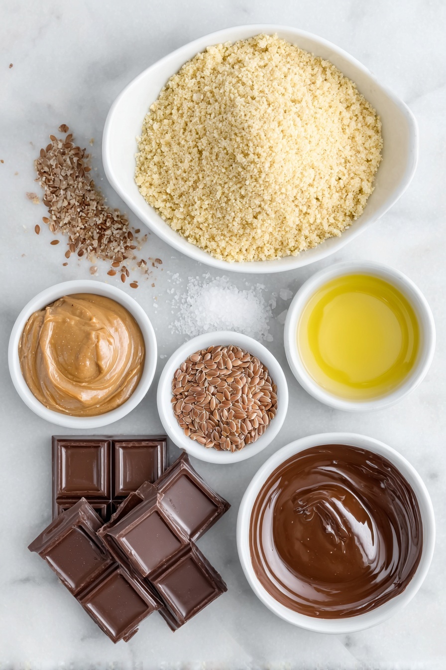 Vegan Gluten-Free Kit Kat Cookies, gluten-free cookie recipes, vegan chocolate cookies, easy vegan cookies, healthy chocolate treat - Flat lay of a small mound of blanched almond flour, a few teaspoons of golden coconut sugar in a white ceramic bowl, a small white bowl with ground flax seeds, a pinch of salt displayed as a small heap, a simple white bowl holding melted coconut oil, a small white bowl of clear water, a small white bowl with amber vanilla extract, a few square pieces of dark chocolate stacked neatly, a small white bowl of smooth light brown peanut butter, another small white bowl with melted dark chocolate mixed with coconut oil, and a few whole flax seeds scattered naturally, all ingredients fresh and natural arranged symmetrically on a clean white marble surface, soft natural light, photo taken with an iPhone, professional food photography style, fresh ingredients, white ceramic bowls, no bottles, no duplicates, no utensils, no packaging --ar 2:3 --v 7 --p m7354615311229779997