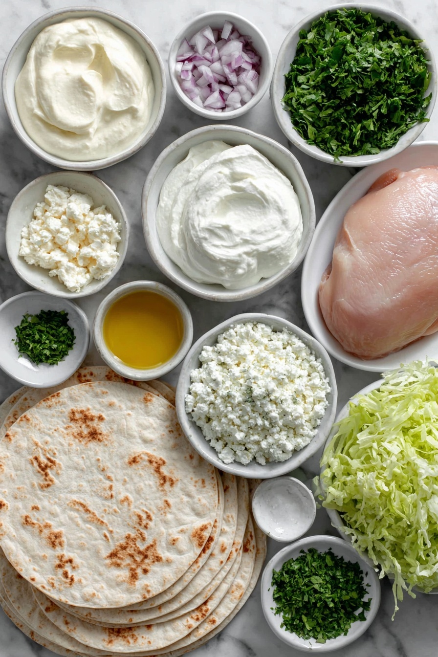 Shredded Chicken Tacos with Creamy Chimichurri, chicken taco ideas, easy chicken tacos, fresh chimichurri sauce, flavorful taco recipes - Flat lay of a small bowl of creamy white mayonnaise, a small bowl of thick plain Greek yogurt, a small bowl of minced pale purple shallot, a small bowl of finely chopped bright green parsley, a small bowl of finely chopped vibrant cilantro, one small peeled garlic clove, a small bowl of golden extra virgin olive oil, a small bowl of deep red wine vinegar, a small bowl of coarse kosher salt, one whole uncracked brown chicken breast, one small bowl of thinly sliced fresh green jalapeno, one small bowl of finely chopped deep red onion, one small bowl of bright green chopped cilantro, one stack of six fresh, soft, pale beige small flour tortillas, a small pile of shredded crisp green romaine lettuce, half a fresh ripe avocado sliced, and a small bowl of crumbled white feta cheese—all arranged symmetrically on a clean white ceramic plates and bowls, placed on a clean white marble surface, soft natural light, photo taken with an iPhone, professional food photography style, fresh ingredients, white ceramic bowls, no bottles, no duplicates, no utensils, no packaging --ar 2:3 --v 7 --p m7354615311229779997