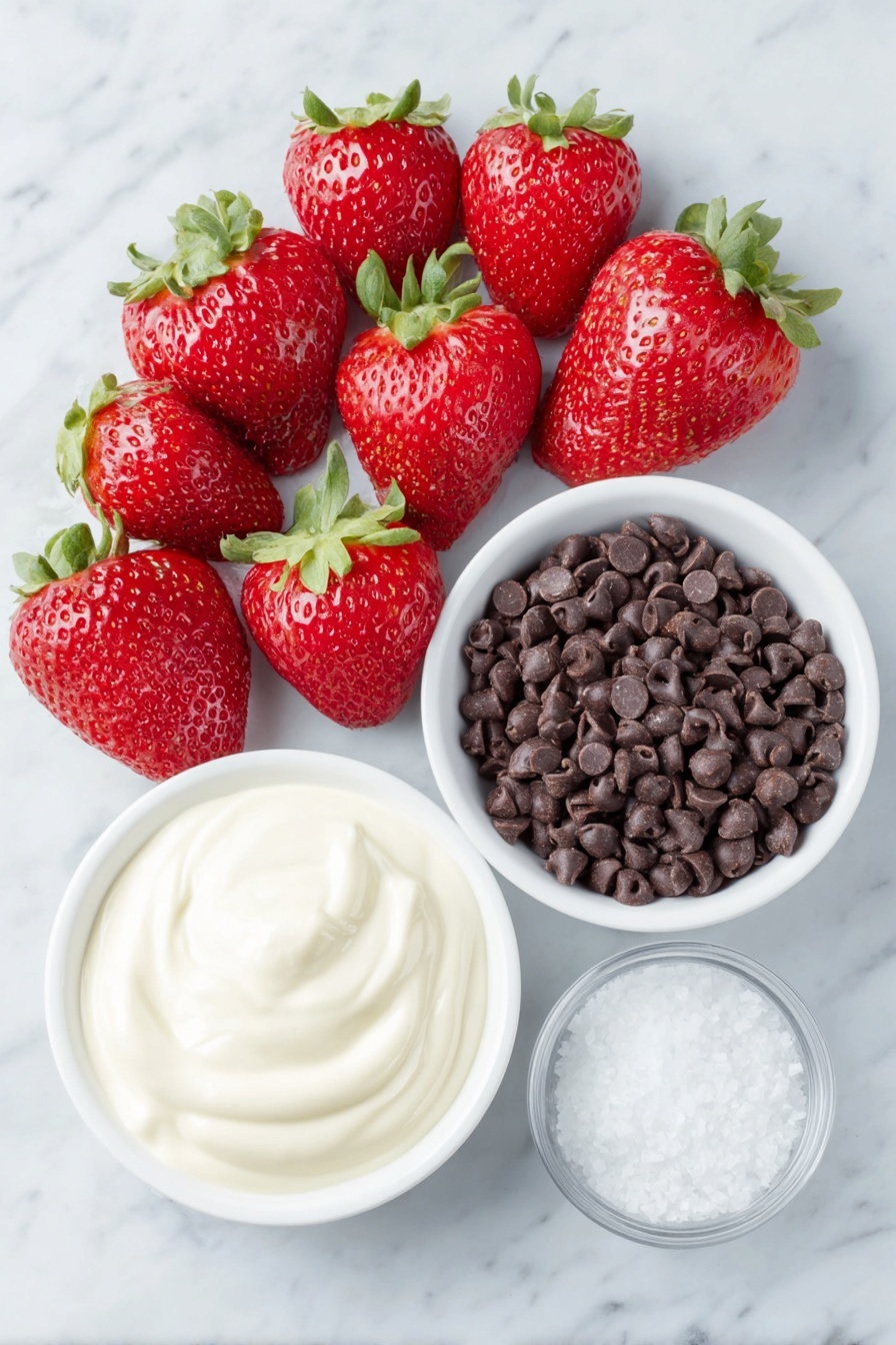 Chocolate Strawberry Yogurt Bites, healthy snack ideas, no-bake fruit desserts, easy summer treats, chocolate covered fruit bites - Flat lay of fresh whole strawberries with green leafy tops, a small white ceramic bowl filled with creamy pink strawberry Greek yogurt, a simple white ceramic bowl holding glossy dark chocolate chips, another small white ceramic bowl containing clear coconut oil, and a tiny white ceramic dish with coarse sea salt crystals, all arranged in perfect symmetry placed on a clean white marble surface, soft natural light, photo taken with an iPhone, professional food photography style, fresh ingredients, white ceramic bowls, no bottles, no duplicates, no utensils, no packaging --ar 2:3 --v 7 --p m7354615311229779997