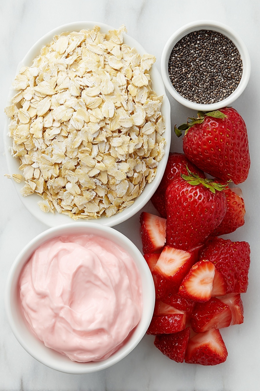 Strawberries and Cream Overnight Oats, healthy overnight oats with strawberries, easy no-cook breakfast ideas, nutritious strawberry breakfast, creamy fruit overnight oats - Flat lay of a small mound of old-fashioned oats, a small white bowl filled with fresh whole milk, a small white bowl of vibrant pink strawberry Greek yogurt, a small white bowl with tiny black chia seeds, a small white bowl holding diced fresh strawberries, all ingredients fresh and natural, perfectly arranged with symmetry on a clean white marble surface, soft natural light, photo taken with an iPhone, professional food photography style, fresh ingredients, white ceramic bowls, no bottles, no duplicates, no utensils, no packaging --ar 2:3 --v 7 --p m7354615311229779997