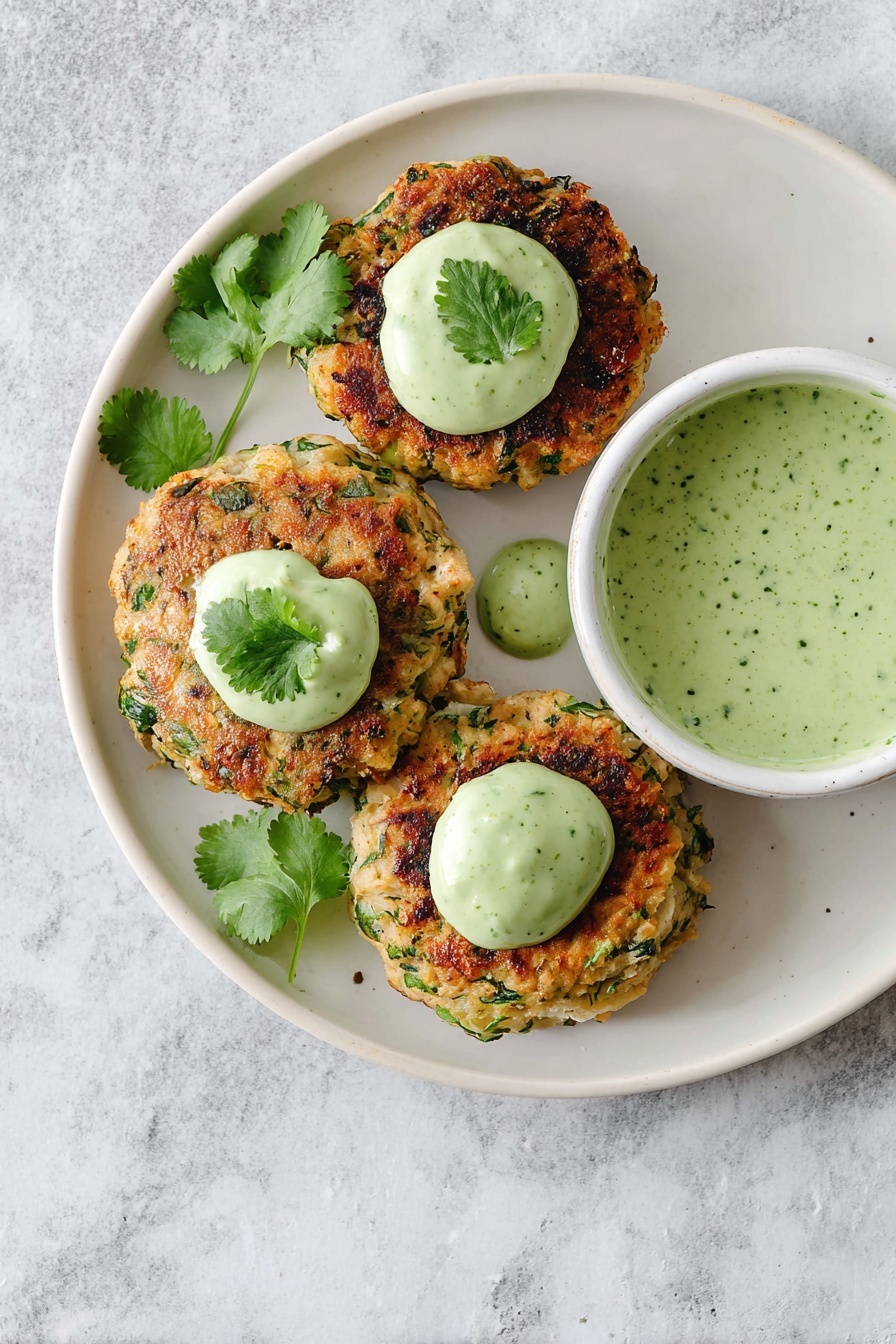 Chicken Zucchini Poppers with Cilantro Sauce, healthy appetizer recipes, easy chicken snacks, savory zucchini appetizers, quick summer party foods - The image shows a white plate holding three round, lightly browned patties mixed with green herbs. Each patty has a dollop of green creamy sauce topped with a small cilantro leaf. Next to the patties is a small white bowl filled with more green sauce, smooth with tiny herb bits. There are a few fresh cilantro leaves placed beside the patties on the plate. The background is a white marbled surface. Photo taken with an iphone --ar 2:3 --v 7