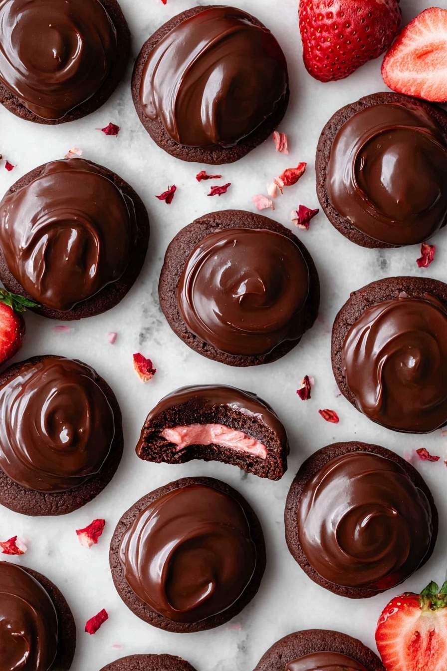 Chocolate Strawberry Cookies, chocolate strawberry cookies, strawberry-filled cookies, chocolate and strawberry treat, chewy fruit-filled cookies - The image shows many round chocolate cookies spread on a white marbled surface. Each cookie has two layers: the bottom layer is a dark brown cookie with a soft texture, and the top layer is a shiny, smooth dark chocolate glaze that swirls gently. One cookie is broken in half, showing a pink, soft filling inside. Around the cookies, there are whole fresh strawberries and some small red dried strawberry pieces scattered lightly. Photo taken with an iphone --ar 2:3 --v 7
