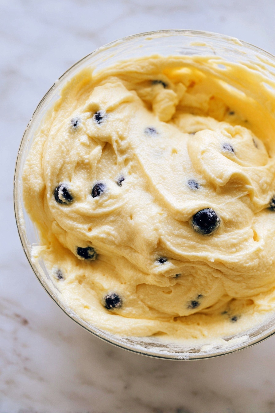 Blueberry Lemon Loaf Cake, blueberry lemon dessert, lemon blueberry bread, easy blueberry cake, moist lemon loaf - A close-up of light yellow batter with a creamy, soft texture fills the frame, mixed with small dark-colored blueberries scattered unevenly throughout. The batter appears thick and smooth, with visible folds and swirls, showing it has been gently stirred. The mixture is in a clear glass bowl, sitting on a white marbled surface. photo taken with an iphone --ar 2:3 --v 7