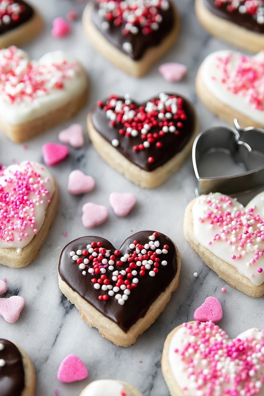 Valentine Chocolate Dipped Cookie Bites, chocolate dipped cookies, Valentine's Day dessert, cookie bites with chocolate, festive cookie treats - The image shows several heart-shaped cookies on a white marbled surface. Each cookie has two layers: a beige base and a top layer of smooth icing. Some cookies have dark brown chocolate icing topped with small red, pink, and white round sprinkles. Other cookies have white icing with red and pink sprinkles. Scattered pink and white heart-shaped candies are placed around the cookies. A silver heart-shaped cookie cutter stands near the center of the image. The photo taken with an iphone --ar 2:3 --v 7