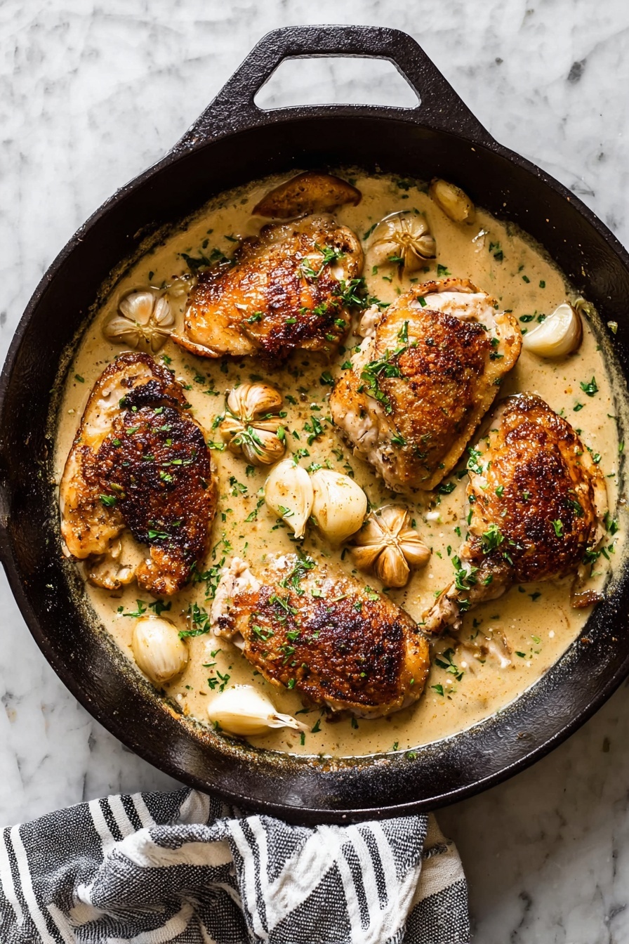 Creamy Garlic Chicken Skillet, easy creamy chicken dinner, one-pan garlic chicken, weeknight chicken recipes, comforting chicken skillet - A black cast iron pan filled with four browned chicken pieces in a thick creamy beige sauce, scattered with whole cooked garlic cloves and finely chopped green herbs. The chicken pieces have a crispy golden-brown texture with slight charring on the edges, and the sauce pools around them with a smooth, velvety look. The pan is set on a white marbled surface, and there is a black and white striped cloth wrapped around the handle of the pan. Photo taken with an iphone --ar 2:3 --v 7