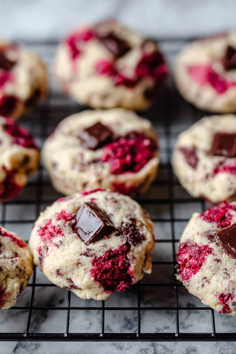 Raspberry Chocolate Chunk Cookies, raspberry chocolate cookies, fruity chocolate cookies, easy raspberry cookies, chocolate chunk cookie recipe - The image shows a tray lined with brown parchment paper holding nine round cookies spaced evenly. Each cookie has two layers: the base layer is pale cream with a soft texture, mixed with reddish-purple streaks or spots, and the top layer is sprinkled with chunks of melted dark brown chocolate. The cookies are slightly raised and have a rough, uneven surface. The tray sits on a white marbled surface. photo taken with an iphone --ar 2:3 --v 7
