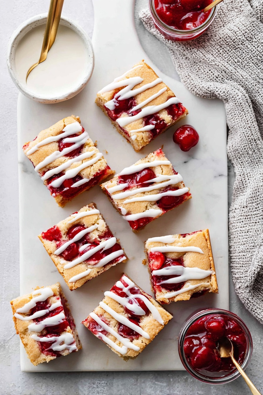Cherry Pie Bars, Cherry Pie Bars Recipe, Easy Cherry Bars, Cherry Dessert Bars, Homemade Cherry Bars - The image shows eight square pieces of cherry dessert with three visible layers: a golden-brown crust on top and bottom, and bright red cherry filling in the middle with some whole cherries visible. Each piece is drizzled with white icing in thick lines. The squares are arranged on a white marble board and a white marble surface, with a small white bowl of extra icing with a gold spoon, and a small jar filled with extra cherry filling visible nearby. A light gray textured cloth is placed in the upper right corner. Photo taken with an iphone --ar 2:3 --v 7