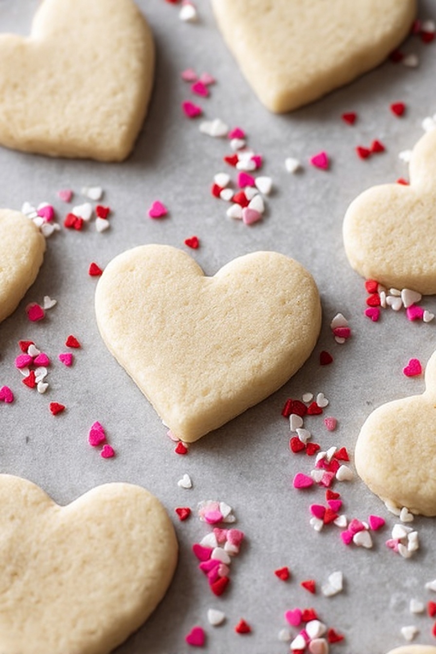 Valentine Chocolate Dipped Cookie Bites, chocolate dipped cookies, Valentine's Day dessert, cookie bites with chocolate, festive cookie treats - The image shows several heart-shaped cookies arranged on a light gray baking sheet with a slightly rough texture. Each cookie is a single layer, pale tan in color, smooth, and soft-looking. Around the cookies, there are small heart-shaped sprinkles in red, white, and pink colors scattered randomly. The background surface is a white marbled texture. photo taken with an iphone --ar 2:3 --v 7