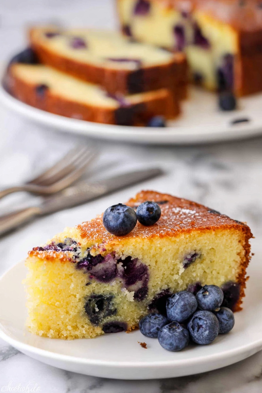 Blueberry Lemon Loaf Cake, blueberry lemon dessert, lemon blueberry bread, easy blueberry cake, moist lemon loaf - A slice of golden yellow blueberry cake with a slightly crispy brown edge sits on a white plate. The cake has dark purple blueberries baked inside, creating spots of color throughout the slice. Two fresh blueberries rest on top of the slice, and a small cluster of blueberries sits beside it on the plate. In the background, a larger portion of the same cake is partially sliced on a white plate, showing its soft texture and scattered blueberries. The setting is on a white marbled surface, and two silver forks lie near the plate. photo taken with an iphone --ar 2:3 --v 7