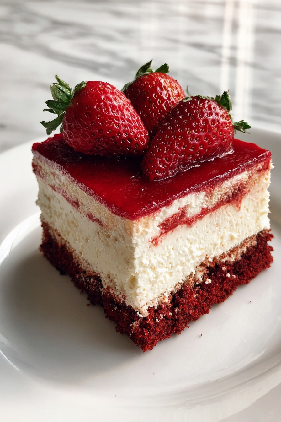 Red Velvet Cheesecake with Strawberries Recipe - Serving Suggestion