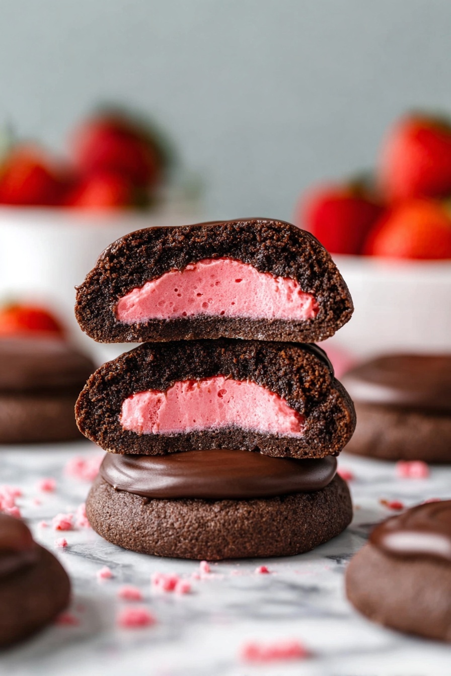 Chocolate Strawberry Cookies, chocolate strawberry cookies, strawberry-filled cookies, chocolate and strawberry treat, chewy fruit-filled cookies - The image shows a stack of three cookies, each with two layers: a thick dark brown chocolate outer layer with a soft texture and a smooth dark chocolate topping, and a bright pink creamy filling in the center. The cookies are placed on a white marbled surface with some pink crumbs scattered around. In the background, there are more chocolate cookies and some blurred red strawberries in a white bowl. The overall look is close-up and focused on the cookie layers, showing the contrast between the dark chocolate and bright pink filling. Photo taken with an iphone --ar 2:3 --v 7