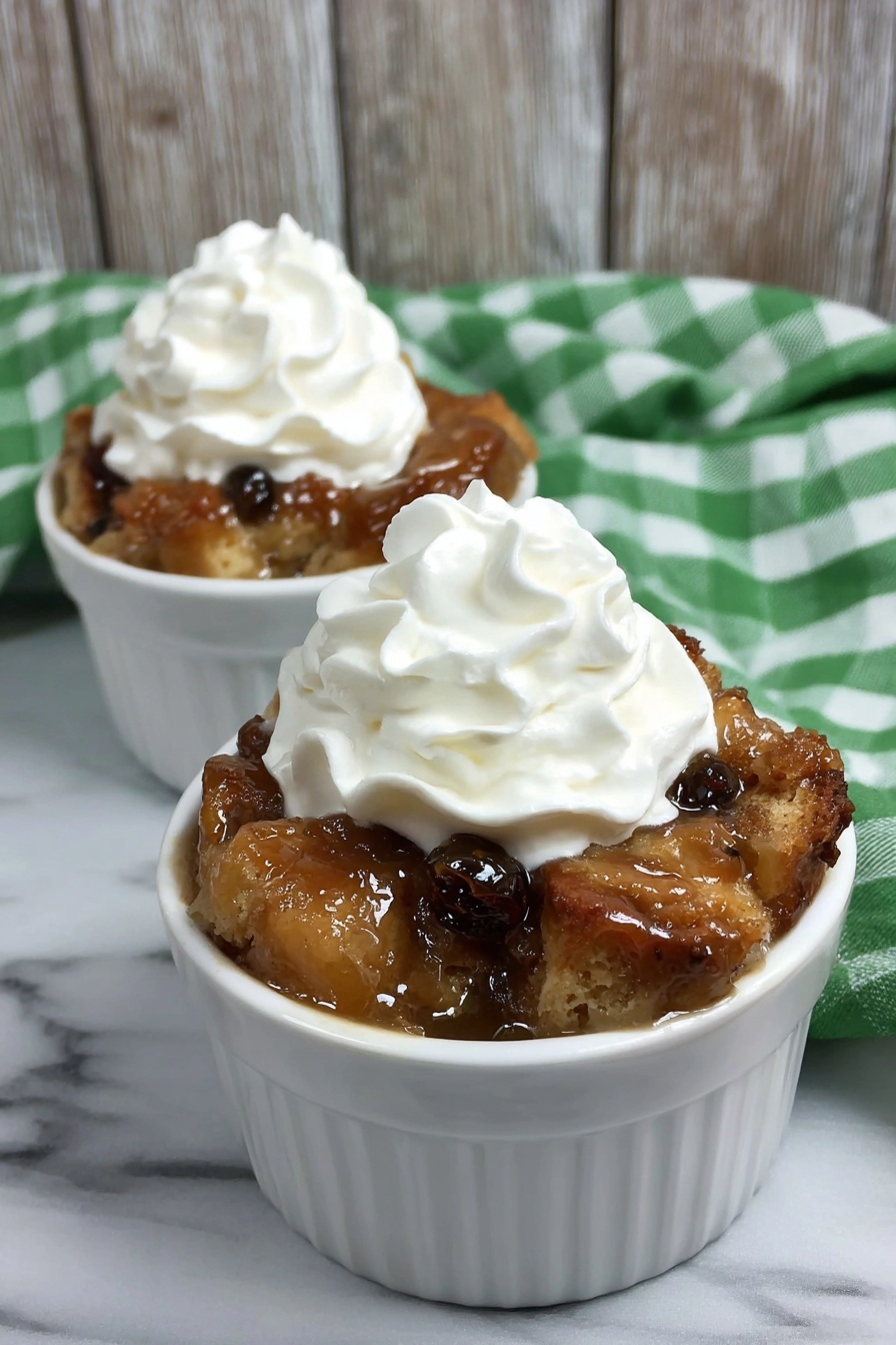 Irish Bread Pudding with Whiskey Sauce, Irish bread pudding, whiskey bread pudding dessert, Irish dessert recipes, comforting bread pudding - Two white ramekins filled with layered bread pudding are placed on a white marbled surface. Each ramekin shows three main layers: a chunky, golden-brown bread layer with soft texture at the bottom and middle, covered with a shiny caramel sauce with raisins scattered on top and throughout. The top layer is a generous swirl of white whipped cream sitting neatly on the caramel sauce. Behind the ramekins is a green and white checkered cloth with soft folds, and the background is rustic wood with vertical planks. photo taken with an iphone --ar 2:3 --v 7