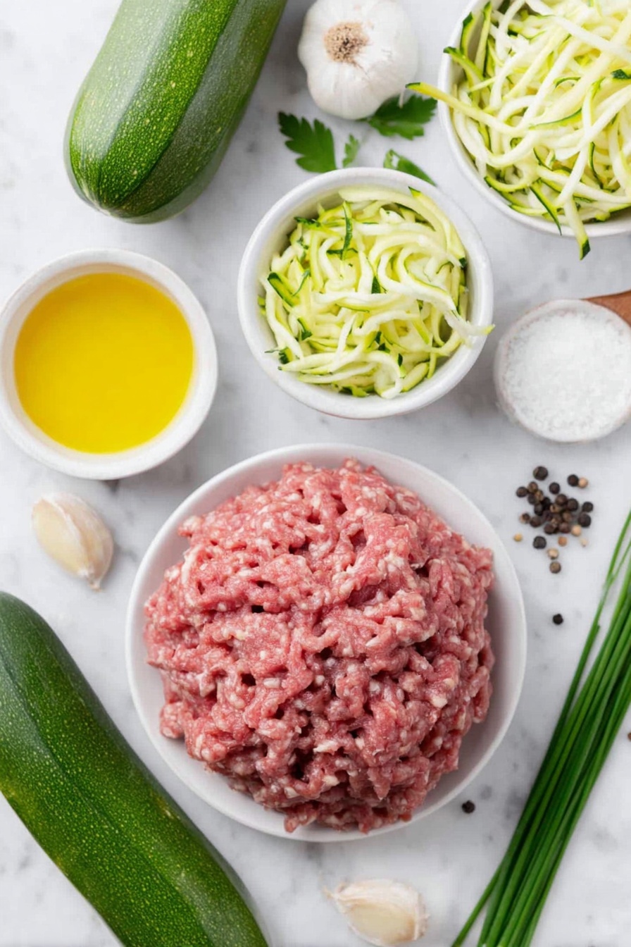 Chicken Zucchini Poppers with Cilantro Sauce, healthy appetizer recipes, easy chicken snacks, savory zucchini appetizers, quick summer party foods - Flat lay of a mound of fresh ground chicken, two medium zucchini squash—one whole and one shredded, two whole uncracked garlic cloves, a small bunch of fresh chives with bright green stems, a small pile of kosher salt crystals, a few whole black peppercorns, a small white ceramic bowl with golden cooking oil, a bunch of fresh cilantro leaves, a small white ceramic bowl containing smooth mayonnaise, a small white ceramic bowl with creamy cottage cheese, and a small white ceramic bowl holding clear distilled white vinegar, all ingredients arranged with perfect symmetry on a clean white marble surface, soft natural light, photo taken with an iPhone, professional food photography style, fresh ingredients, white ceramic bowls, no bottles, no duplicates, no utensils, no packaging --ar 2:3 --v 7 --p m7354615311229779997