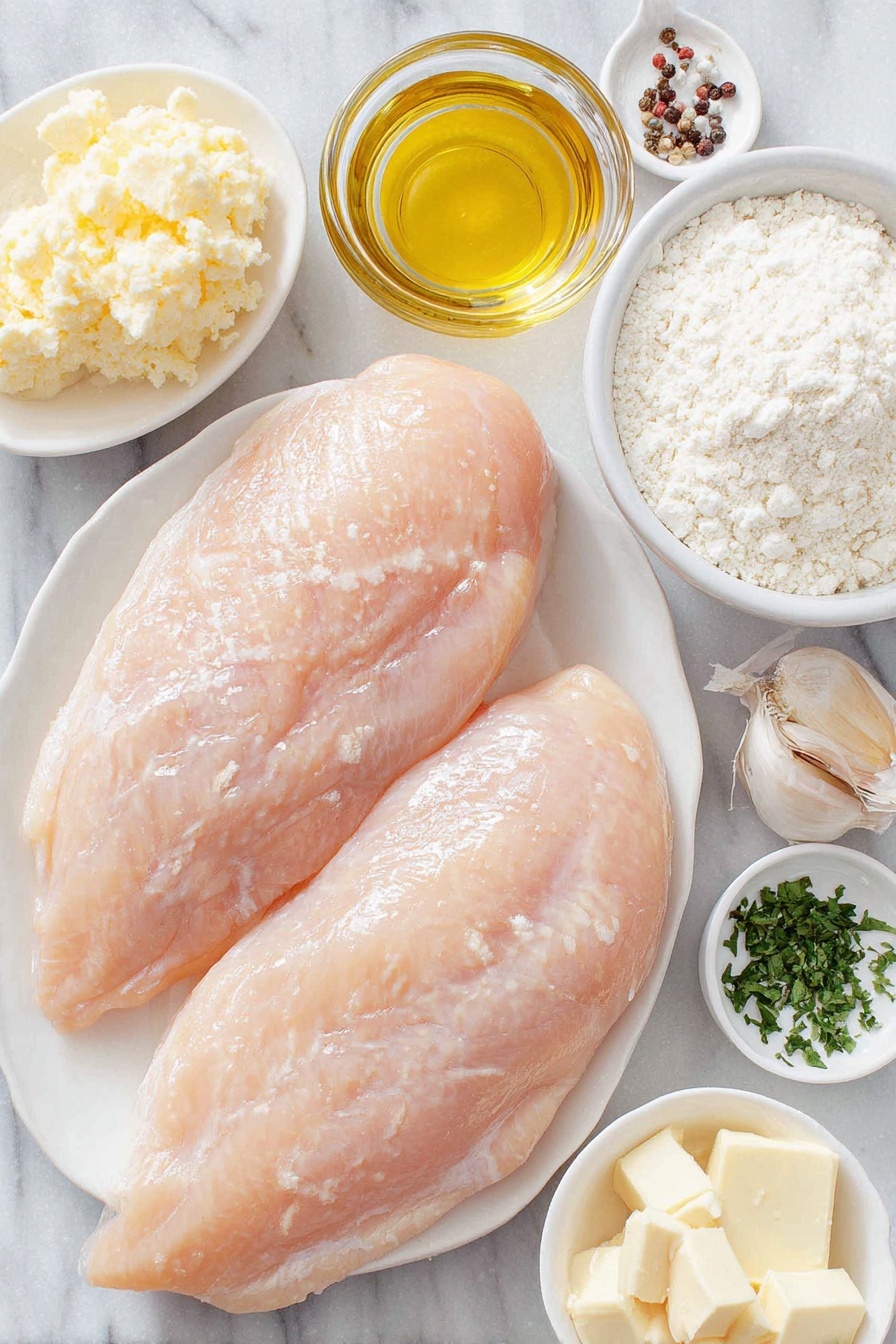 Creamy Garlic Chicken Skillet, easy creamy chicken dinner, one-pan garlic chicken, weeknight chicken recipes, comforting chicken skillet - Flat lay of two large boneless skinless chicken breasts, a small mound of white flour on a simple white ceramic plate, a small white bowl of golden olive oil, a few pats of pale yellow butter on a white dish, a whole head of garlic with cloves peeled and scattered naturally, a small white bowl filled with clear light brown chicken broth, a small white bowl with pale yellow lemon juice, a small white bowl of creamy white heavy whipping cream, a small pile of chopped fresh green parsley, salt and black pepper sprinkled artistically on the surface, all ingredients fresh and natural, perfectly balanced and symmetrical in arrangement, placed on a clean white marble surface, soft natural light, photo taken with an iPhone, professional food photography style, fresh ingredients, white ceramic bowls, no bottles, no duplicates, no utensils, no packaging --ar 2:3 --v 7 --p m7354615311229779997