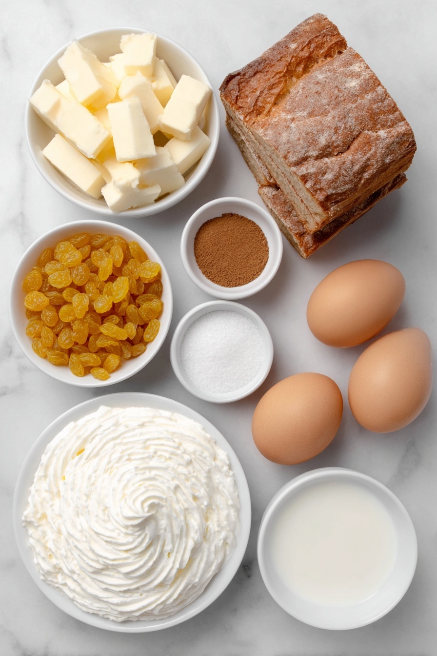 Irish Bread Pudding with Whiskey Sauce, Irish bread pudding, whiskey bread pudding dessert, Irish dessert recipes, comforting bread pudding - Flat lay of day-old rustic French bread cubes, two whole brown eggs with clean shells, a small white bowl of fresh golden raisins, a small white bowl of white milk, a small white bowl of unsalted butter cubes, a small white bowl of brown sugar, a small white bowl of golden Irish whiskey, a small white bowl of granulated sugar, a small white bowl of ground cinnamon, a small white bowl of grated nutmeg, a small white bowl of heavy whipping cream, and a swirl of fresh whipped cream on a simple white ceramic plate, placed on a clean white marble surface, soft natural light, photo taken with an iPhone, professional food photography style, fresh ingredients, white ceramic bowls, no bottles, no duplicates, no utensils, no packaging --ar 2:3 --v 7 --p m7354615311229779997