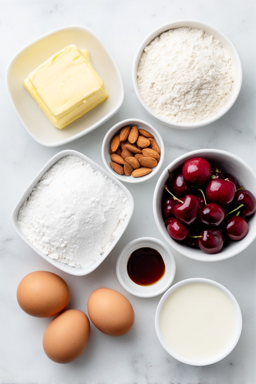 Cherry Pie Bars, Cherry Pie Bars Recipe, Easy Cherry Bars, Cherry Dessert Bars, Homemade Cherry Bars - Flat lay of a small pile of softened unsalted butter, a white ceramic bowl filled with granulated sugar, four whole uncracked brown eggs, a small white bowl with clear vanilla extract, a few whole almonds next to a tiny white bowl of almond extract, a simple white ceramic bowl filled with all-purpose flour, a small white bowl of coarse salt, a white ceramic bowl overflowing with fresh bright red cherries with stems, a white ceramic bowl filled with powdered sugar, and a small white bowl with creamy milk placed on a clean white marble surface, soft natural light, photo taken with an iPhone, professional food photography style, fresh ingredients, white ceramic bowls, no bottles, no duplicates, no utensils, no packaging --ar 2:3 --v 7 --p m7354615311229779997