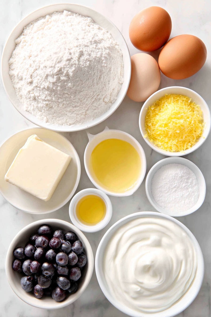 Blueberry Lemon Loaf Cake, blueberry lemon dessert, lemon blueberry bread, easy blueberry cake, moist lemon loaf - Flat lay of a small mound of white all-purpose flour, a small heap of fine white salt crystals, a small pile of light beige baking powder powder, a few neat pats of pale yellow butter, two whole uncracked brown eggs, a small mound of white granulated sugar, a dollop of thick creamy white Greek yogurt, a small white bowl with translucent pale yellow fresh lemon juice, a few fresh bright yellow lemon zest strands, a small white bowl of white milk, a small cluster of plump fresh blue blueberries, a small white bowl of melted golden butter, a small white bowl of fine white icing sugar, placed on a clean white marble surface, soft natural light, photo taken with an iPhone, professional food photography style, fresh ingredients, white ceramic bowls, no bottles, no duplicates, no utensils, no packaging --ar 2:3 --v 7 --p m7354615311229779997